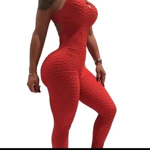 Sexy Red Bodycon Jumpsuit Push Up Romper Fitness One Piece Stretch Outfit